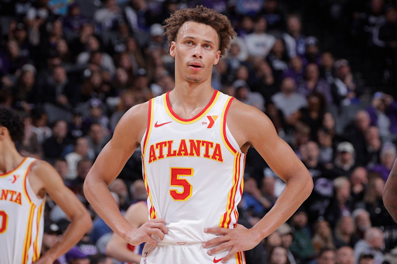 SACRAMENTO, CA - NOVEMBER 18: Dyson Daniels #5 of the Atlanta Hawks looks on during the game against the Sacramento Kings on November 18, 2024 at Golden 1 Center in Sacramento, California. NOTE TO USER: User expressly acknowledges and agrees that, by downloading and or using this Photograph, user is consenting to the terms and conditions of the Getty Images License Agreement. Mandatory Copyright Notice: Copyright 2024 NBAE (Photo by Rocky Widner/NBAE via Getty Images)