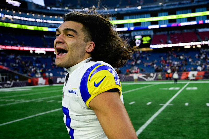 FOXBOROUGH, MASSACHUSETTS - NOVEMBER 17: Puka Nacua #17 of the Los Angeles Rams celebrates after beating the New England Patriots 28-22 at Gillette Stadium on November 17, 2024 in Foxborough, Massachusetts. (Photo by Billie Weiss/Getty Images)