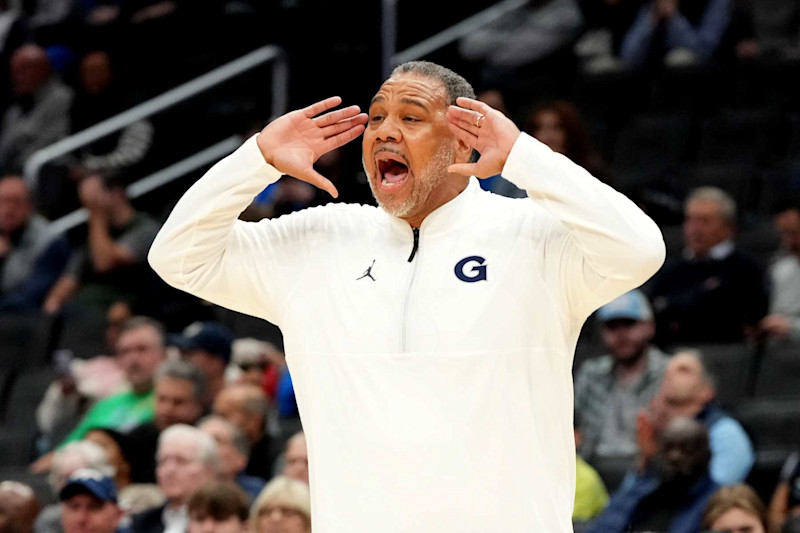 WASHINGTON, DC -  NOVEMBER 16:  Head coach Ed Cooley of the Georgetown Hoyas reacts to a call in the first half during a college basketball game against the Notre Dame Fighting Irish at Capital One Arena on November 16, 2024 in Washington, DC.  (Photo by Mitchell Layton/Getty Images)