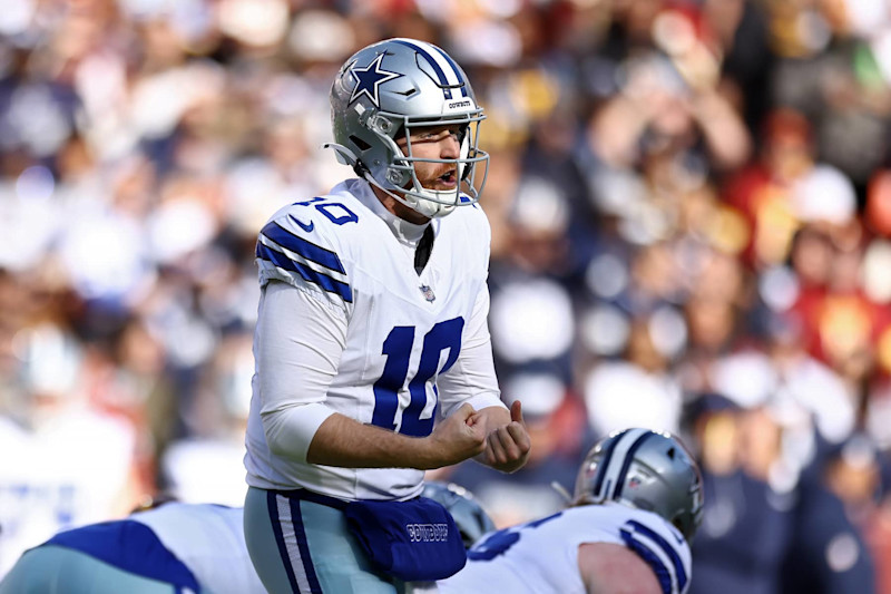 LANDOVER, MARYLAND - NOVEMBER 24: Cooper Rush #10 of the Dallas Cowboys reacts during the first quarter against the Washington Commanders at Northwest Stadium on November 24, 2024 in Landover, Maryland. (Photo by Timothy Nwachukwu/Getty Images)