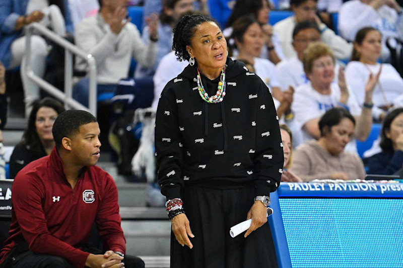 LOS ANGELES, CA - NOVEMBER 24: South Carolina Gamecocks head coach Dawn Staley reacts to a call during a women's college basketball game between the South Carolina Gamecocks and the UCLA Bruins on November 24, 2024, at Pauley Pavilion in Los Angeles, CA. (Photo by Brian Rothmuller/Icon Sportswire via Getty Images)