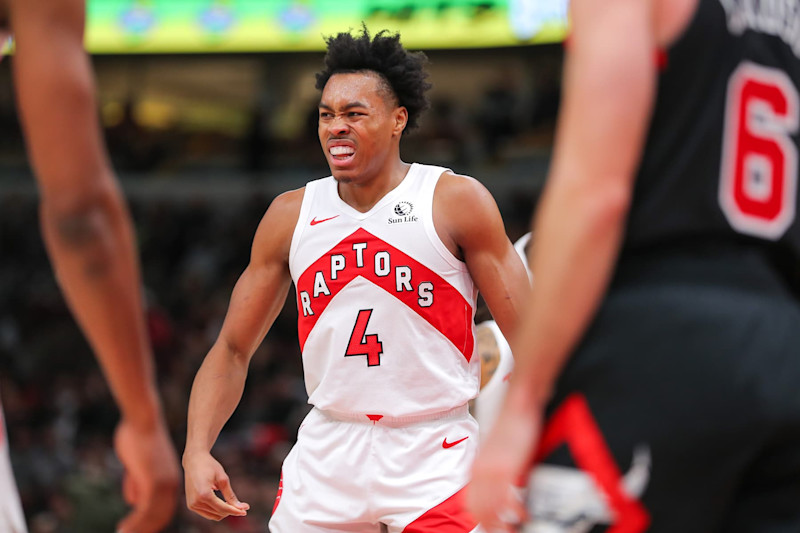 CHICAGO, IL - JANUARY 30: Scottie Barnes #4 of the Toronto Raptors reacts during the second half against the Chicago Bulls at the United Center on January 30, 2024 in Chicago, Illinois. (Photo by Melissa Tamez/Icon Sportswire via Getty Images)