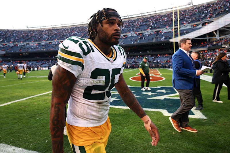 CHICAGO, ILLINOIS - NOVEMBER 17: Keisean Nixon #25 of the Green Bay Packers walks off the field after an NFL football game against the Chicago Bears at Soldier Field on November 17, 2024 in Chicago, Illinois. (Photo by Kevin Sabitus/Getty Images)