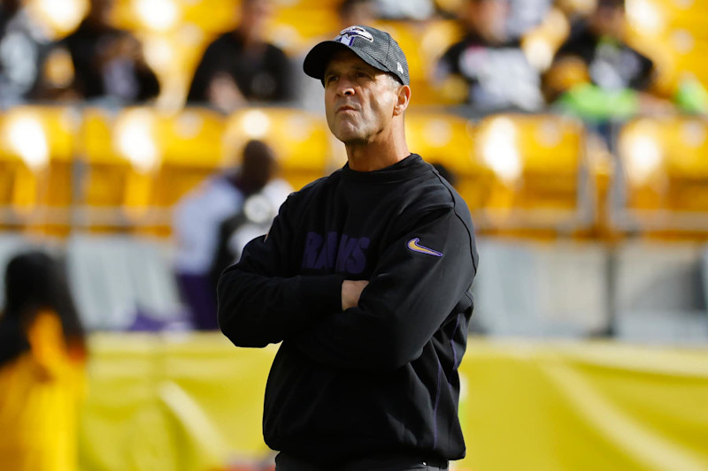 PITTSBURGH, PENNSYLVANIA - NOVEMBER 17: Head coach John Harbaugh of the Baltimore Ravens looks on prior to a game against the Pittsburgh Steelers at Acrisure Stadium on November 17, 2024 in Pittsburgh, Pennsylvania. (Photo by Justin K. Aller/Getty Images)