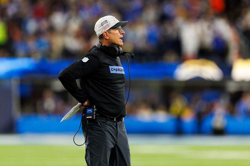 INGLEWOOD, CALIFORNIA - NOVEMBER 17: Jim Harbaugh of the Los Angeles Chargers on the sideline during the second half against the Cincinnati Bengals at SoFi Stadium on November 17, 2024 in Inglewood, California. (Photo by Ric Tapia/Getty Images)