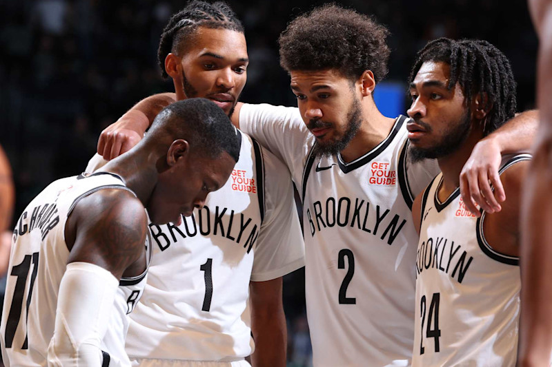 BROOKLYN, NY - NOVEMBER 13: Brooklyn Nets huddle up during the game against the Boston Celtics on November 13, 2024 at Barclays Center in Brooklyn, New York. NOTE TO USER: User expressly acknowledges and agrees that, by downloading and or using this Photograph, user is consenting to the terms and conditions of the Getty Images License Agreement. Mandatory Copyright Notice: Copyright 2024 NBAE (Photo by Jeff Haynes/NBAE via Getty Images)