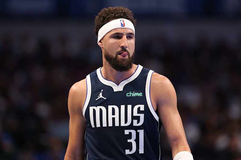 DALLAS, TEXAS - NOVEMBER 19: Klay Thompson #31 of the Dallas Mavericks looks on during the first half of an Emirates NBA Cup against the New Orleans Pelicans game at American Airlines Center on November 19, 2024 in Dallas, Texas. NOTE TO USER: User expressly acknowledges and agrees that, by downloading and/or using this photograph, user is consenting to the terms and conditions of the Getty Images License Agreement. (Photo by Sam Hodde/Getty Images)