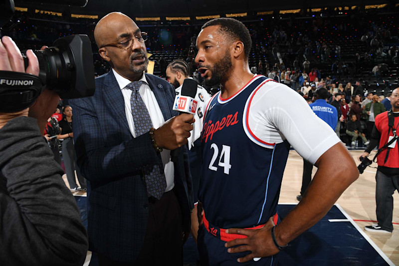 INGLEWOOD, CA - NOVEMBER 18: Norman Powell #24 of the LA Clippers talks to the media after the game against the Golden State Warriors on November 18, 2024 at Intuit Dome in Los Angeles, California. NOTE TO USER: User expressly acknowledges and agrees that, by downloading and/or using this Photograph, user is consenting to the terms and conditions of the Getty Images License Agreement. Mandatory Copyright Notice: Copyright 2024 NBAE (Photo by Juan Ocampo/NBAE via Getty Images)