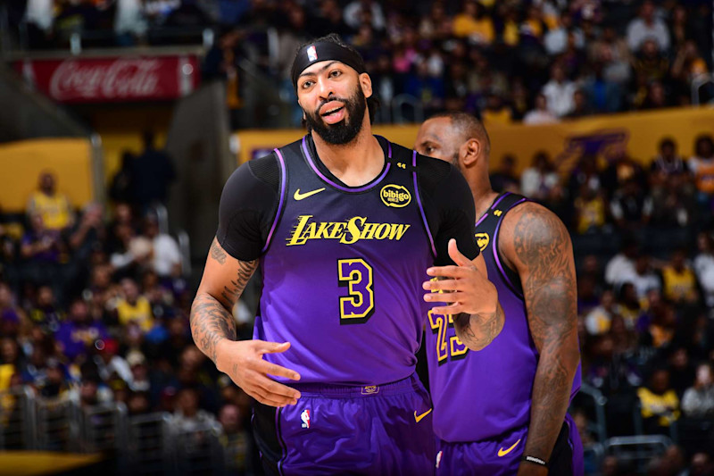 LOS ANGELES, CA - NOVEMBER 21: Anthony Davis #3 of the Los Angeles Lakers looks on during the game against the Orlando Magic on November 21, 2024 at Crypto.Com Arena in Los Angeles, California. NOTE TO USER: User expressly acknowledges and agrees that, by downloading and/or using this Photograph, user is consenting to the terms and conditions of the Getty Images License Agreement. Mandatory Copyright Notice: Copyright 2024 NBAE (Photo by Adam Pantozzi/NBAE via Getty Images)