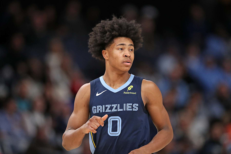 MEMPHIS, TENNESSEE - NOVEMBER 20: Jaylen Wells #0 of the Memphis Grizzlies looks on during the game against the Philadelphia 76ers at FedExForum on November 20, 2024 in Memphis, Tennessee. NOTE TO USER: User expressly acknowledges and agrees that, by downloading and or using this photograph, User is consenting to the terms and conditions of the Getty Images License Agreement. (Photo by Justin Ford/Getty Images)