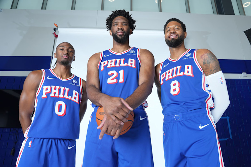 CAMDEN, NJ - SEPTEMBER 30: Tyrese Maxey #0, Joel Embiid #21, and Paul George #8 of the Philadelphia 76ers pose for a portrait during NBA Media Day on September 30, 2024 at the Philadelphia 76ers Training Complex in Camden, New Jersey. NOTE TO USER: User expressly acknowledges and agrees that, by downloading and or using this photograph, User is consenting to the terms and conditions of the Getty Images License Agreement. Mandatory Copyright Notice: Copyright 2024 NBAE (Photo by Jesse D. Garrabrant/NBAE via Getty Images)