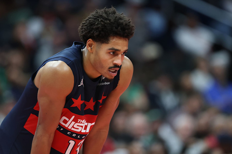 WASHINGTON, DC - NOVEMBER 22: Jordan Poole #13 of the Washington Wizards reacts against the Boston Celtics during the second half in the Emirates NBA Cup at Capital One Arena on November 22, 2024 in Washington, DC. NOTE TO USER: User expressly acknowledges and agrees that, by downloading and or using this photograph, User is consenting to the terms and conditions of the Getty Images License Agreement. (Photo by Patrick Smith/Getty Images)