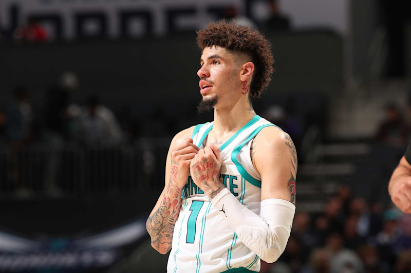 CHARLOTTE, NC - NOVEMBER 25: LaMelo Ball #1 of the Charlotte Hornets during the game against the Orlando Magic  during a regular season game on November 25, 2024 at Spectrum Center in Charlotte, North Carolina. NOTE TO USER: User expressly acknowledges and agrees that, by downloading and or using this photograph, User is consenting to the terms and conditions of the Getty Images License Agreement. Mandatory Copyright Notice: Copyright 2024 NBAE (Photo by Kent Smith/NBAE via Getty Images)