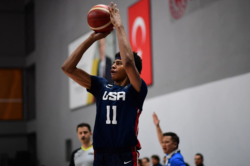 Chris Cenac, #11 of the United States of America (USA) in action during the FIBA U17 Basketball World Cup - Turkiye 2024 Round of 16 match between the Philippines and the United States of America (USA) at Ahmet Comert Sports Hall in Istanbul, Turkey on July 3, 2024. (Photo by Altan Gocher / Hans Lucas / Hans Lucas via AFP) (Photo by ALTAN GOCHER/Hans Lucas/AFP via Getty Images)