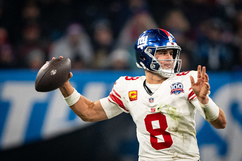 MUNICH, GERMANY - NOVEMBER 10: Daniel Jones of the New York Giants throws the ball during the NFL Munich Game 2024 between New York Giants and Carolina Panthers at Allianz Arena on November 10, 2024 in Munich, Germany. (Photo by F. Noever/FC Bayern via Getty Images)