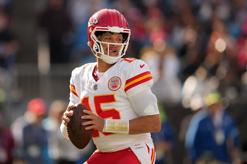 CHARLOTTE, NORTH CAROLINA - NOVEMBER 24: Quarterback Patrick Mahomes #15 of the Kansas City Chiefs throws a pass during the first quarter against the Carolina Panthers at Bank of America Stadium on November 24, 2024 in Charlotte, North Carolina. (Photo by Grant Halverson/Getty Images)