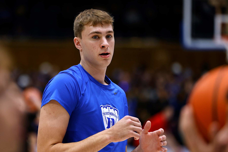 DURHAM, NORTH CAROLINA - NOVEMBER 29: Cooper Flagg #2 of the Duke Blue Devils warms up prior to their game against the Seattle Redhawks at Cameron Indoor Stadium on November 29, 2024 in Durham, North Carolina. (Photo by Lance King/Getty Images)