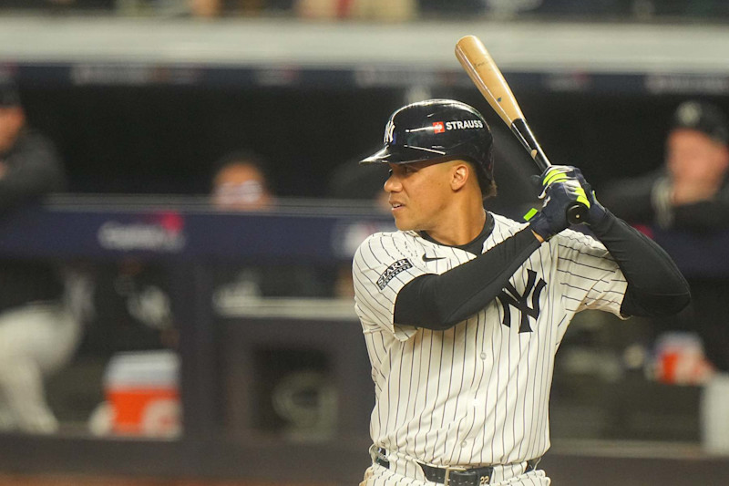 Baseball: World Series: New York Yankees Juan Soto (22) in action, at bat vs Los Angeles Dodgers at Yankee Stadium. Game 5. Bronx, NY 10/30/2024 CREDIT: Erick W. Rasco (Photo by Erick W. Rasco/Sports Illustrated via Getty Images) (Set Number: X164636 TK1)