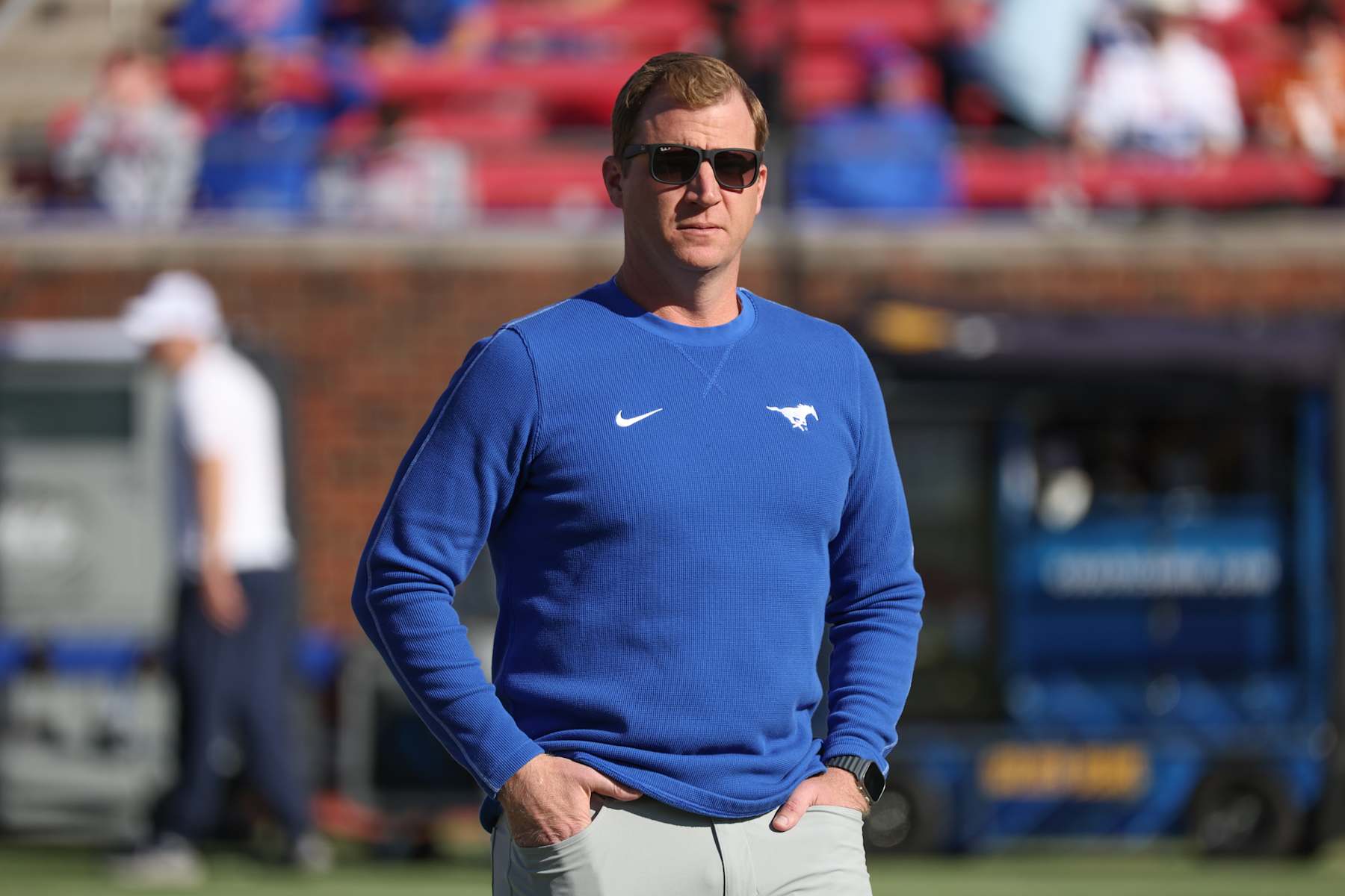 DALLAS, TX - NOVEMBER 30: Southern Methodist Mustangs head coach Rhett Lashlee looks on prior to the game between SMU and Cal on November 30, 2024 at Gerald J. Ford Stadium in Dallas, TX.(Photo by George Walker/Icon Sportswire via Getty Images)