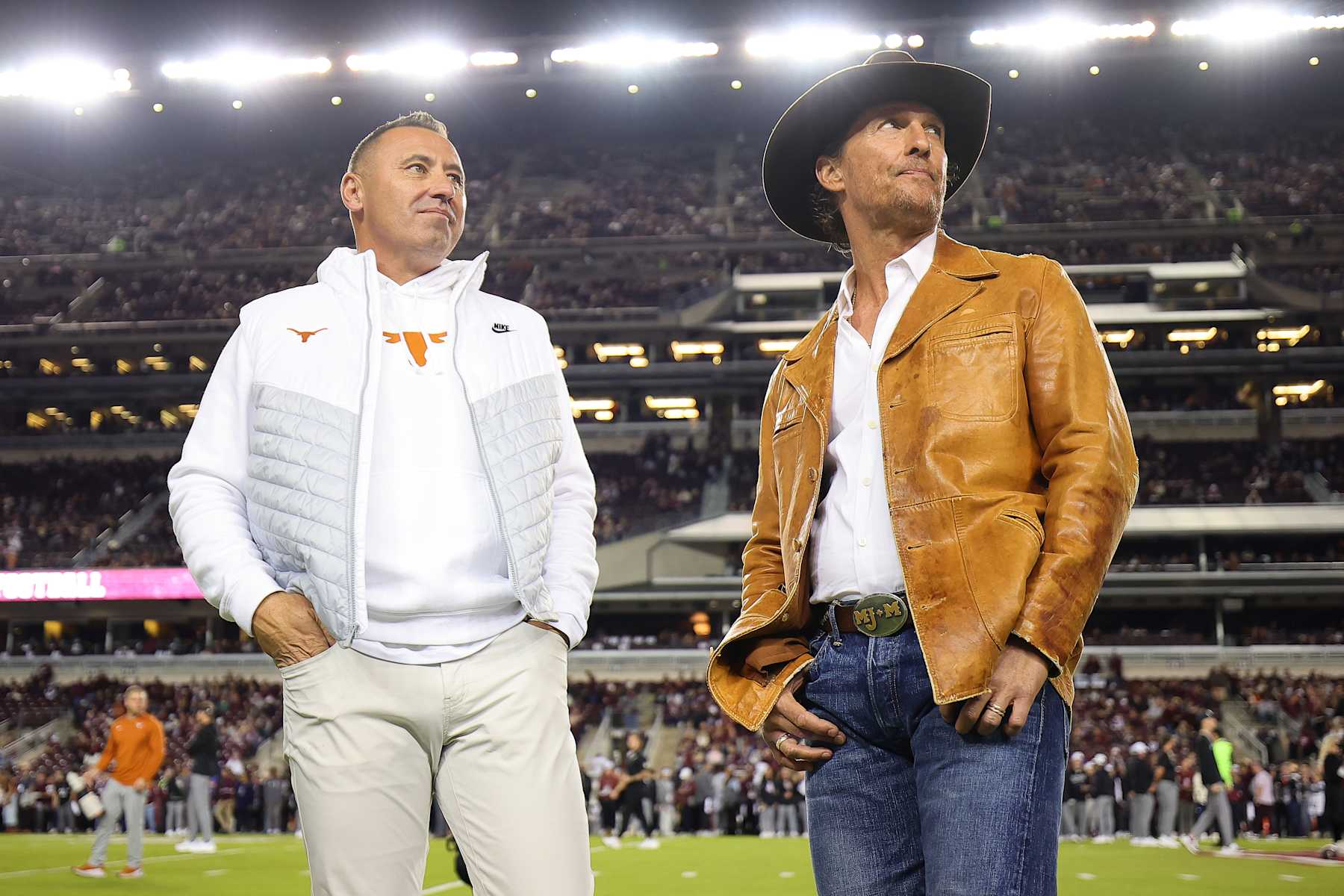 COLLEGE STATION, TEXAS - NOVEMBER 30: (L-R) Head coach Steve Sarkisian of the Texas Longhorns and actor Matthew McConaughey look on prior to a game against the Texas A&M Aggies at Kyle Field on November 30, 2024 in College Station, Texas. (Photo by Alex Slitz/Getty Images)