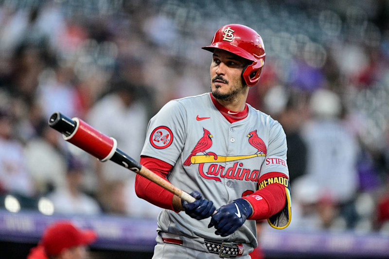 DENVER, CO - SEPTEMBER 24: St. Louis Cardinals third baseman Nolan Arenado (28) warms up in the on deck circle in the first inning during a game between the St. Louis Cardinals and the Colorado Rockies at Coors Field on September 24, 2024 in Denver, Colorado. (Photo by Dustin Bradford/Icon Sportswire via Getty Images)