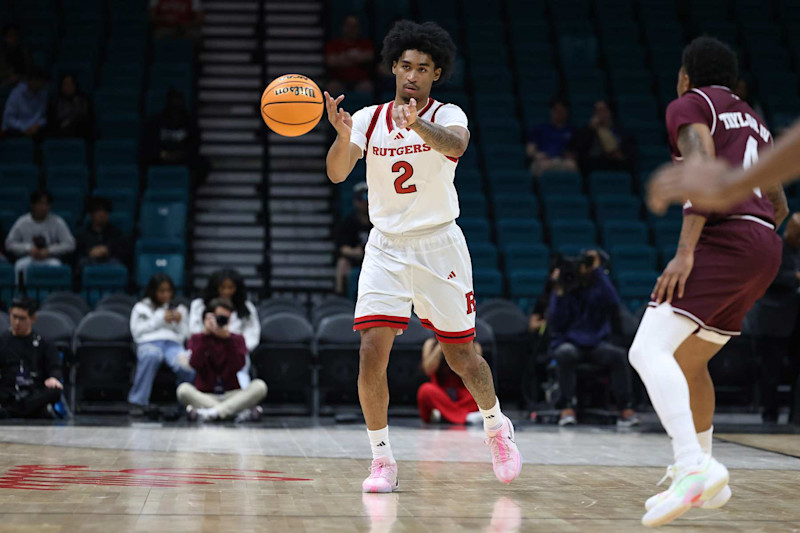 LAS VEGAS, NV - NOVEMBER 30: Rutgers Scarlet Knights guard Dylan Harper (2) passes the ball during a game against the Texas A&M Aggies at the Players Era Festival on Saturday, Nov. 30, 2024, at the MGM Grand Garden Arena in Las Vegas, Nevada. (Photo by Marc Sanchez/Icon Sportswire via Getty Images)