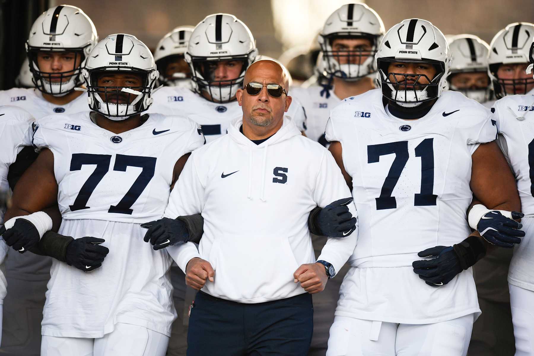 WEST LAFAYETTE, IN - NOVEMBER 16: Penn State Nittany Lions Head Coach James Franklin links arms with players as they prepare to run onto the field for the start of the college football game between the Penn State Nittany Lions and the Purdue Boilermakers on November 16, 2024, at Ross-Ade Stadium in West Lafayette, Indiana. (Photo by Michael Allio/Icon Sportswire via Getty Images)