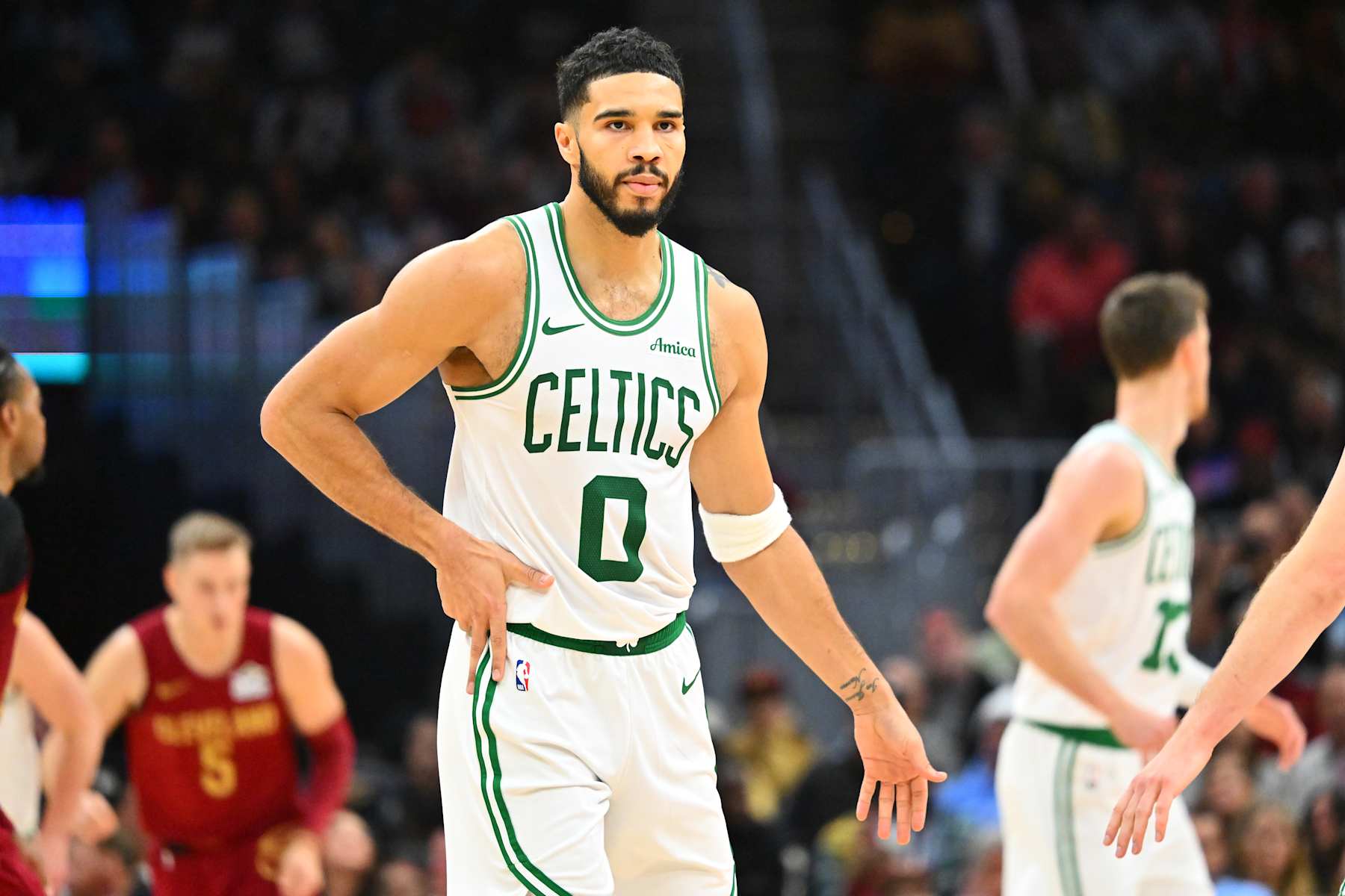 CLEVELAND, OHIO - DECEMBER 01: Jayson Tatum #0 of the Boston Celtics celebrates during the third quarter against the Cleveland Cavaliers at Rocket Mortgage Fieldhouse on December 01, 2024 in Cleveland, Ohio. The Cavaliers defeated the Celtics 115-111. NOTE TO USER: User expressly acknowledges and agrees that, by downloading and or using this photograph, User is consenting to the terms and conditions of the Getty Images License Agreement. (Photo by Jason Miller/Getty Images)