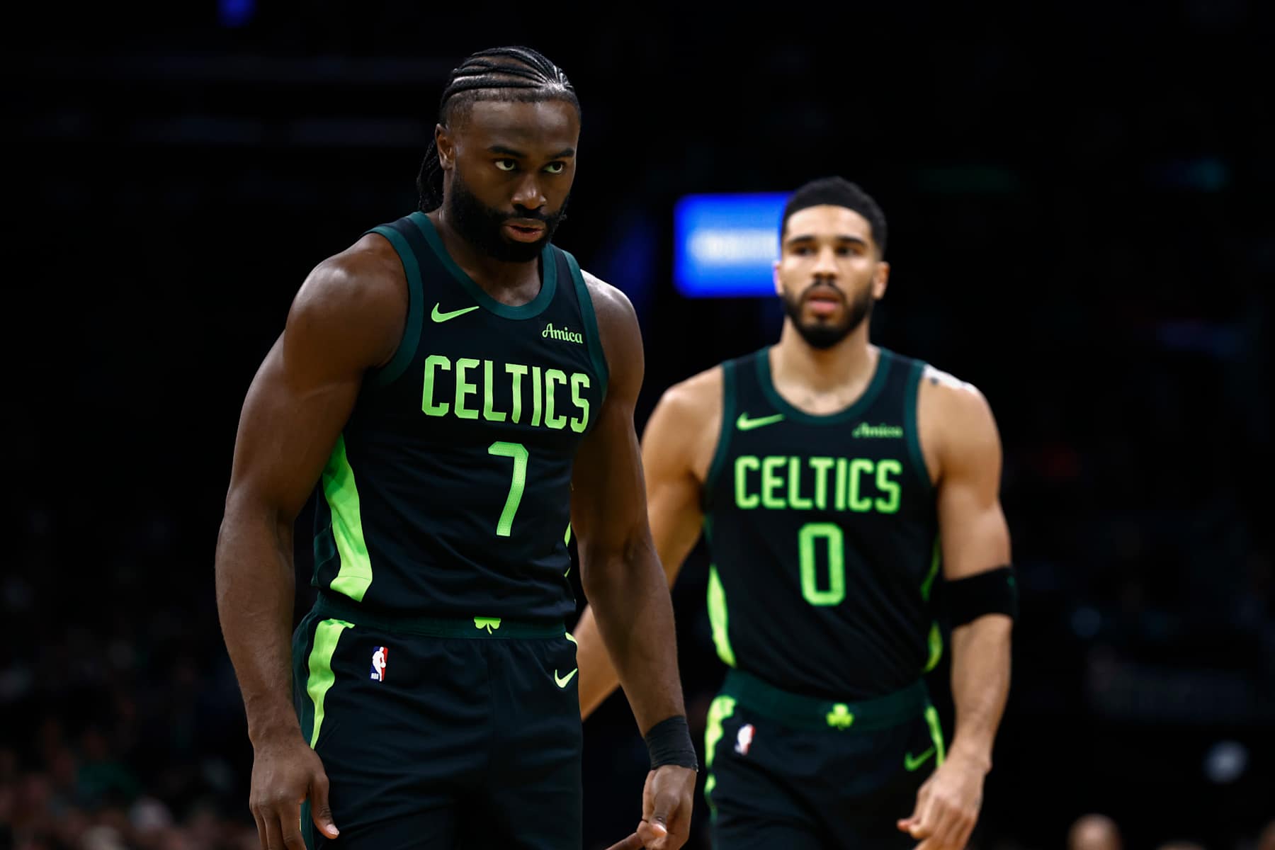 BOSTON, MA - NOVEMBER 16: Jaylen Brown #7 of the Boston Celtics and Jayson Tatum #0 during the first quarter against the Toronto Raptors at TD Garden on November 16, 2024 in Boston, Massachusetts. NOTE TO USER: User expressly acknowledges and agrees that, by downloading and/or using this Photograph, user is consenting to the terms and conditions of the Getty Images License Agreement. (Photo By Winslow Townson/Getty Images)