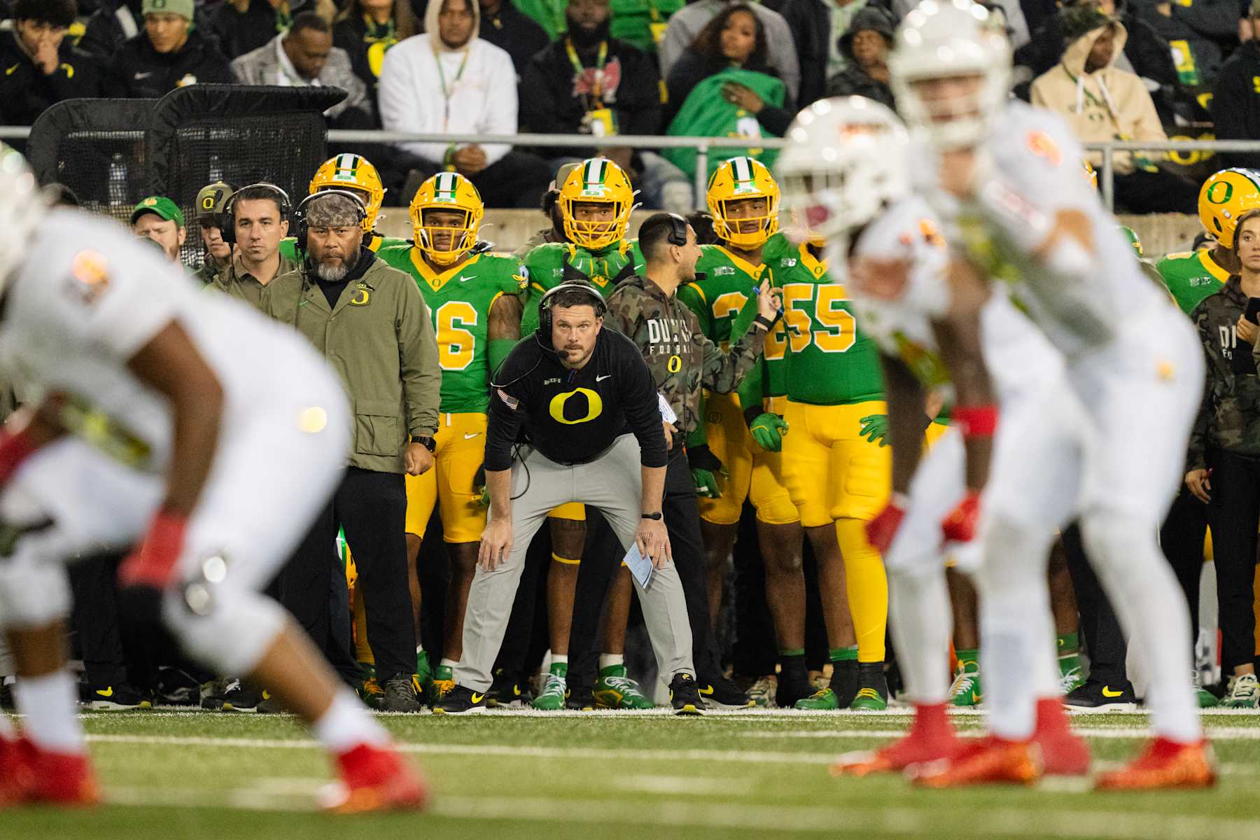 EUGENE, OREGON - NOVEMBER 9:Head Coach Dan Lanning of the Oregon Ducks looks on during a play in the second half of the game against the Maryland Terrapins at Autzen Stadium on November 9, 2024 in Eugene, Oregon. (Photo by Ali Gradischer/Getty Images)