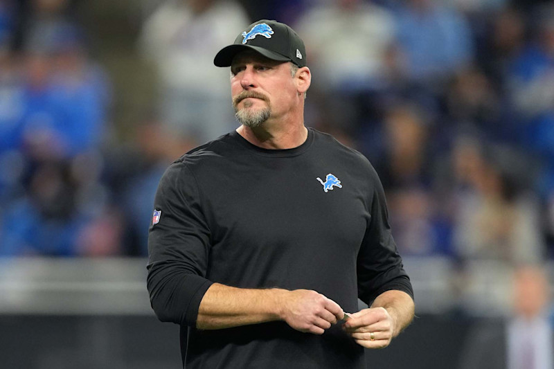 DETROIT, MICHIGAN - DECEMBER 15: Head coach Dan Campbell of the Detroit Lions looks on before the game against the Buffalo Bills at Ford Field on December 15, 2024 in Detroit, Michigan. (Photo by Nic Antaya/Getty Images)