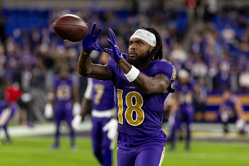 BALTIMORE, MARYLAND - NOVEMBER 7: Diontae Johnson #18 of the Baltimore Ravens completes a catch prior to an NFL Football game against the Cincinnati Bengals at M&T Bank Stadium on November 07, 2024 in Baltimore, Maryland. (Photo by Michael Owens/Getty Images)