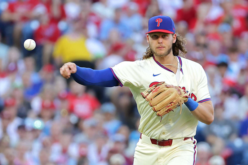 PHILADELPHIA, PENNSYLVANIA - OCTOBER 05: Alec Bohm #28 of the Philadelphia Phillies fields a ground ball against the New York Mets during the fifth inning of Game One of the Division Series at Citizens Bank Park on October 05, 2024 in Philadelphia, Pennsylvania.  (Photo by Hunter Martin/Getty Images)