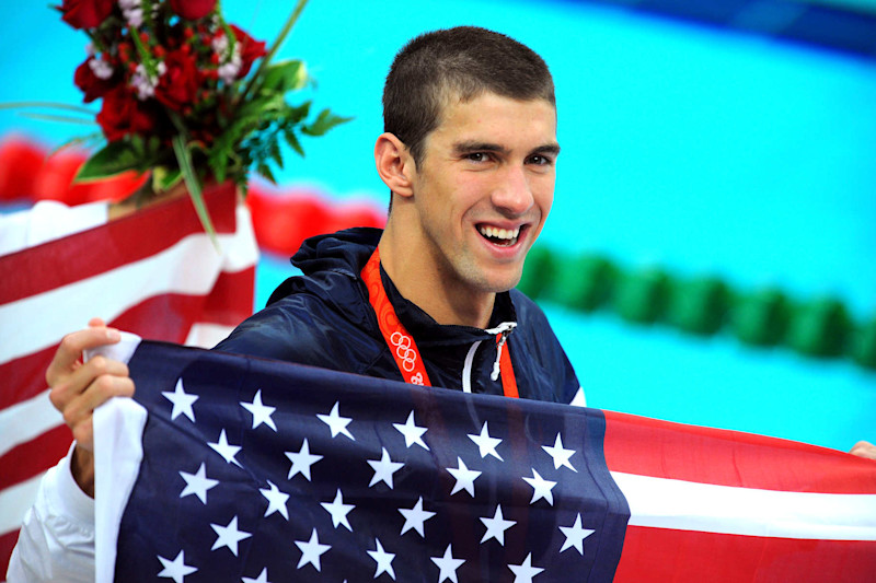 Beijing Olympics : Swimmingpodium, Team Usa (Usa), Phelps Michael (Usa) , Gold Medal, Celebration Joie Vreugde, Flag Drapeau Vlag, Men 4 X 100 M Medley Relay Final /Natation, National Aquatics Center, Olymische Spelen, Jeux Olympique, (C)Tim De Waele   (Photo by Tim De Waele/Getty Images)