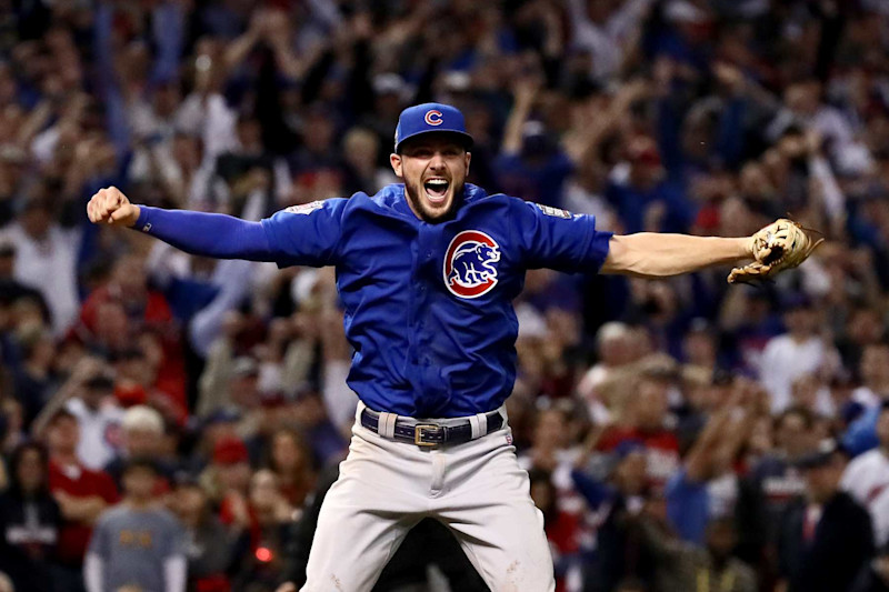 CLEVELAND, OH - NOVEMBER 02:  Kris Bryant #17 of the Chicago Cubs celebrates after winning 8-7 in Game Seven of the 2016 World Series at Progressive Field on November 2, 2016 in Cleveland, Ohio.  (Photo by Ezra Shaw/Getty Images)