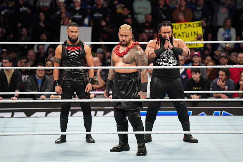 HARTFORD, CONNECTICUT - DECEMBER 13: Tama Tonga; Solo Sikoa and Jacob Fatu make their entrance during Friday Night SmackDown at XL Center on December 13, 2024 in Hartford, Connecticut. (Photo by WWE/Getty Images)