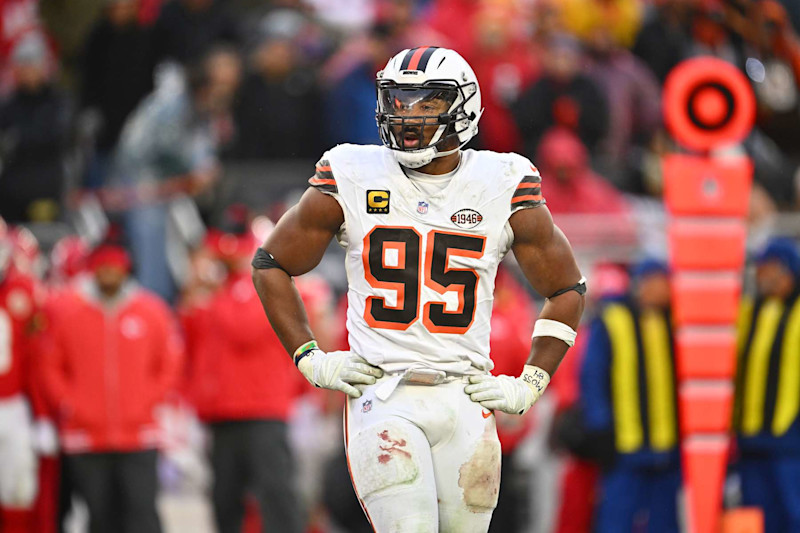 CLEVELAND, OHIO - DECEMBER 15: Defensive end Myles Garrett #95 of the Cleveland Browns waits for a play during the third quarter against the Kansas City Chiefs at Huntington Bank Field on December 15, 2024 in Cleveland, Ohio. The Chiefs defeated the Browns 21-7. (Photo by Jason Miller/Getty Images)