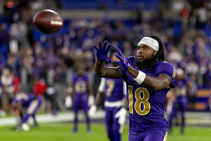 BALTIMORE, MARYLAND - NOVEMBER 7: Diontae Johnson #18 of the Baltimore Ravens completes a catch prior to an NFL Football game against the Cincinnati Bengals at M&T Bank Stadium on November 07, 2024 in Baltimore, Maryland. (Photo by Michael Owens/Getty Images)