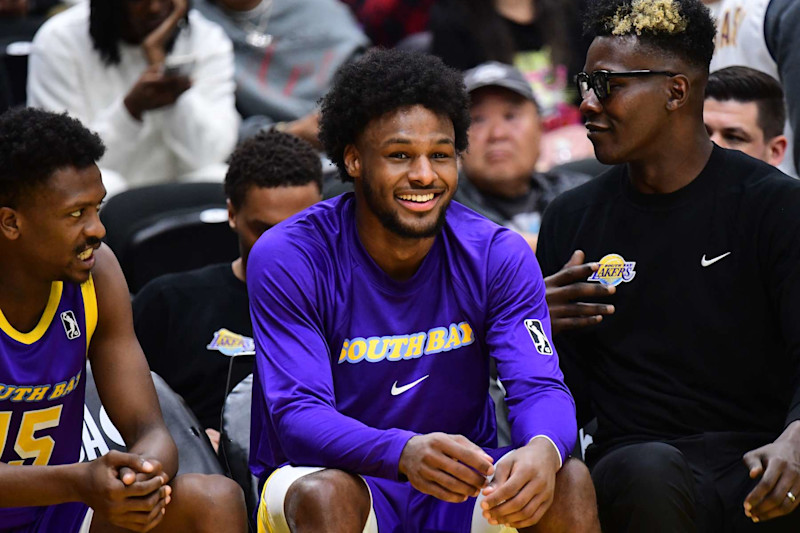 EL SEGUNDO, CA - DECEMBER 07: Bronny James #9 of the South Bay Lakers smiles during the game against the San Diego Clippers on December 07, 2024 at UCLA Health Training Center in El Segundo, California. NOTE TO USER: User expressly acknowledges and agrees that, by downloading and or using this photograph, user is consenting to the terms and conditions of the Getty Images License Agreement. Mandatory Copyright Notice: Copyright 2024 NBAE (Photo by Adam Pantozzi/NBAE via Getty Images)