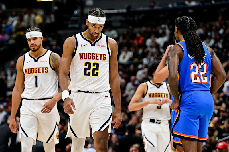 DENVER, COLORADO - OCTOBER 25: Zeke Nnaji #22 and Michael Porter Jr. #1 of the Denver Nuggets look on in the second half of a game against the Oklahoma City Thunder at Ball Arena on October 15, 2024 in Denver, Colorado. NOTE TO USER: User expressly acknowledges and agrees that, by downloading and or using this photograph, User is consenting to the terms and conditions of the Getty Images License Agreement. (Photo by Dustin Bradford/Getty Images)