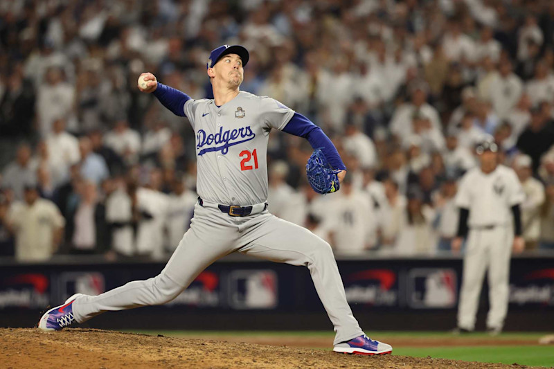 Bronx, New York, Wednesday, October 30, 2024 - Los Angeles Dodgers pitcher Walker Buehler (21) pitches the ninth inning against the New York Yankees in Game five of the World Series at Yankee Stadium. (Robert Gauthier/Los Angeles Times via Getty Images)