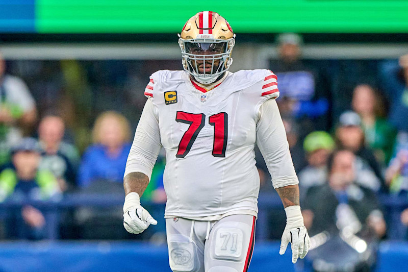 SEATTLE, WASHINGTON - OCTOBER 10: Offensive tackle Trent Williams #71 of the San Francisco 49ers looks on during a football game between the San Francisco 49ers and the Seattle Seahawks at Lumen Field on October 10, 2024 in Seattle, Washington. (Photo by Robin Alam/ISI Photos/Getty Images)