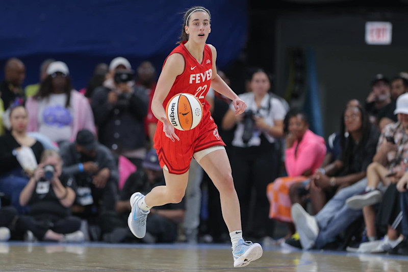 CHICAGO, IL - AUGUST 30: Caitlin Clark #22 of the Indiana Fever brings the ball up court during the first half of a WNBA game against the Chicago Sky on August 30, 2024 at Wintrust Arena in Chicago, Illinois. (Photo by Melissa Tamez/Icon Sportswire via Getty Images)