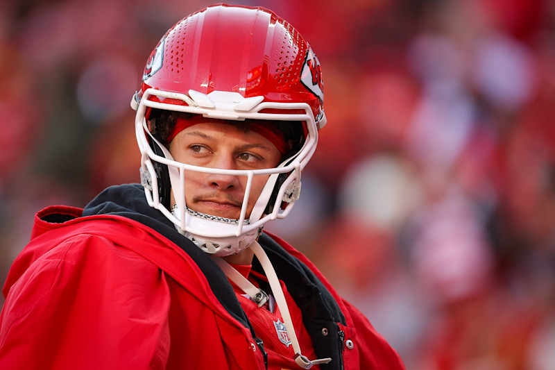 KANSAS CITY, MISSOURI - DECEMBER 21: Patrick Mahomes #15 of the Kansas City Chiefs waits on the field during an injury timeout in the third quarter against the Houston Texans at GEHA Field at Arrowhead Stadium on December 21, 2024 in Kansas City, Missouri. (Photo by David Eulitt/Getty Images)