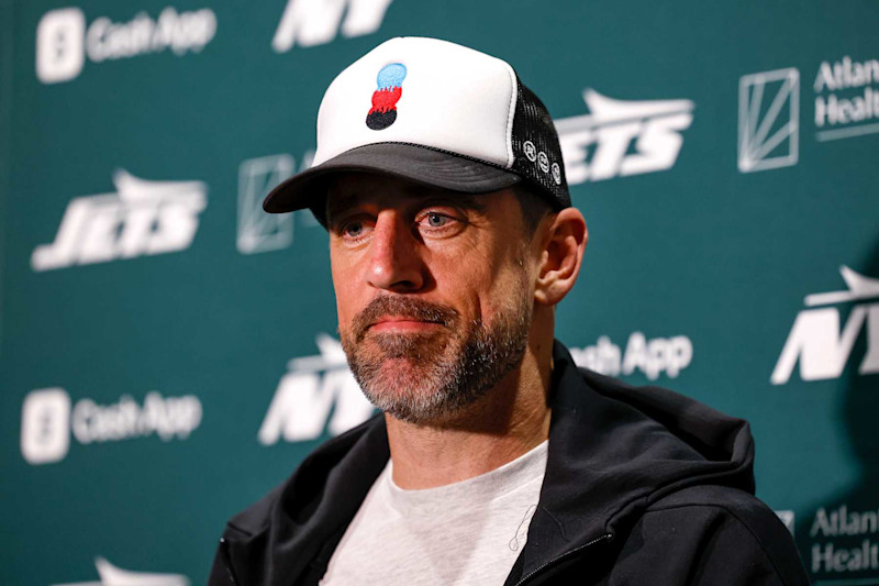 JACKSONVILLE, FL - DECEMBER 15: Quarterback Aaron Rogers #8 of the New York Jets address the media at the post game press conference after the game against the Jacksonville Jaguars at EverBank Stadium on December 15, 2024 in Jacksonville, Florida. The Jets defeated the Jaguars 32 to 25. (Photo by Don Juan Moore/Getty Images)