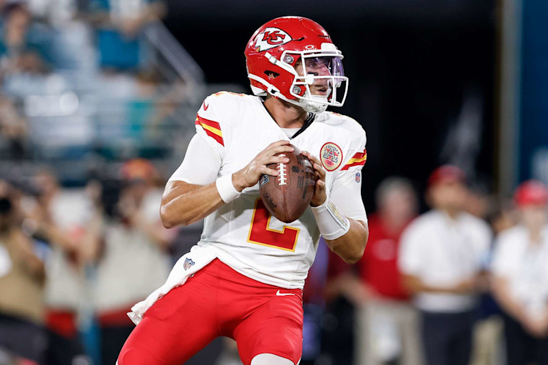 JACKSONVILLE, FL - AUGUST 10: Quarterback Ian Book #2 of the Kansas City Chiefs on a pass play during a preseason game against the Jacksonville Jaguars at EverBank Stadium on August 10, 2024 in Jacksonville, Florida. The Jaguars defeated the Chiefs 26 to 13. (Photo by Don Juan Moore/Getty Images)