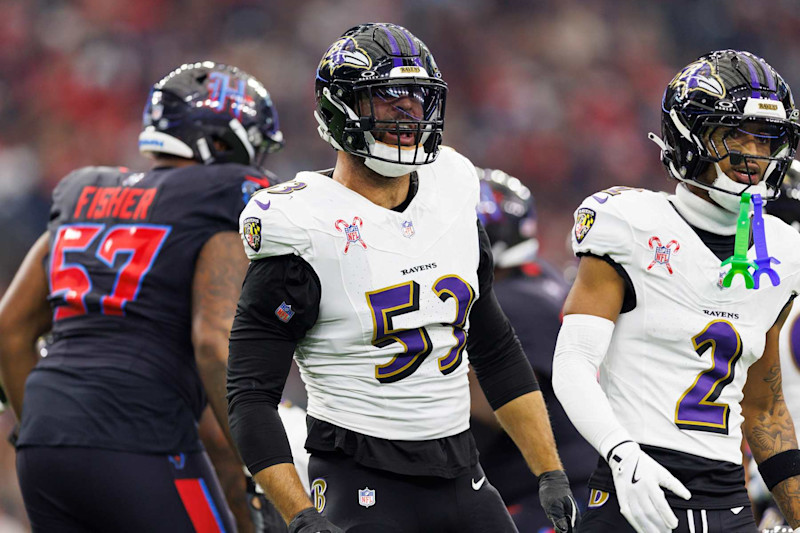 HOUSTON, TEXAS - DECEMBER 25: Linebacker Kyle Van Noy #53 of the Baltimore Ravens celebrates after making a stop during the first half of an NFL football game against the Houston Texans, at NRG Stadium on December 25, 2024 in Houston, Texas. (Photo by Brooke Sutton/Getty Images)