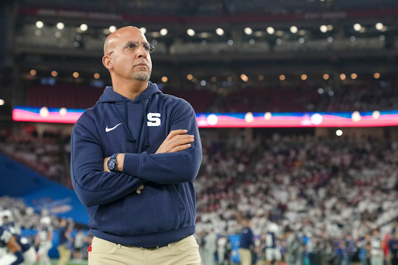 GLENDALE, ARIZONA - DECEMBER 31: Head coach James Franklin of the Penn State Nittany Lions looks on during pregame of the Fiesta Bowl at State Farm Stadium on December 31, 2024 in Glendale, Arizona. (Photo by CFP/Getty Images)