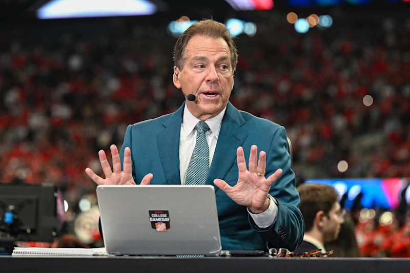 ATLANTA, GA  DECEMBER 07:  Former coach and current ESPN analyst Nick Saban reacts prior to the start of the SEC Championship game between the Texas Longhorns and the Georgia Bulldogs on December 7th, 2024 at Mercedes-Benz Stadium in Atlanta, GA.  (Photo by Rich von Biberstein/Icon Sportswire via Getty Images)