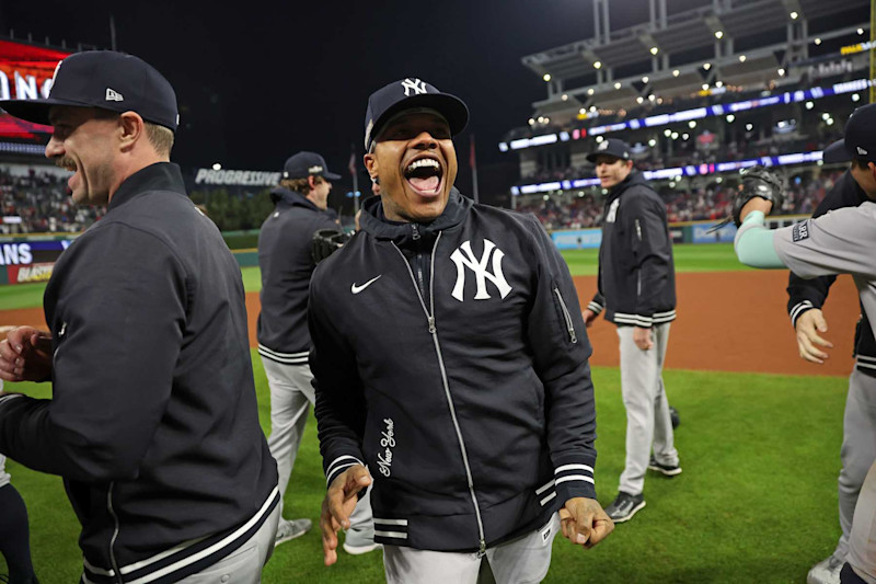 CLEVELAND, OHIO - OCTOBER 19: Marcus Stroman #0 of the New York Yankees celebrates after winning Game Five of the American League Championship Series against the Cleveland Guardians at Progressive Field on October 19, 2024 in Cleveland, Ohio. (Photo by New York Yankees/Getty Images)